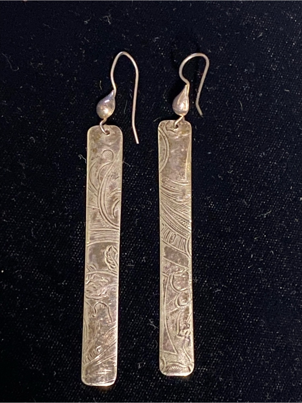 Engraved Long Drop Bar Earrings - Silver